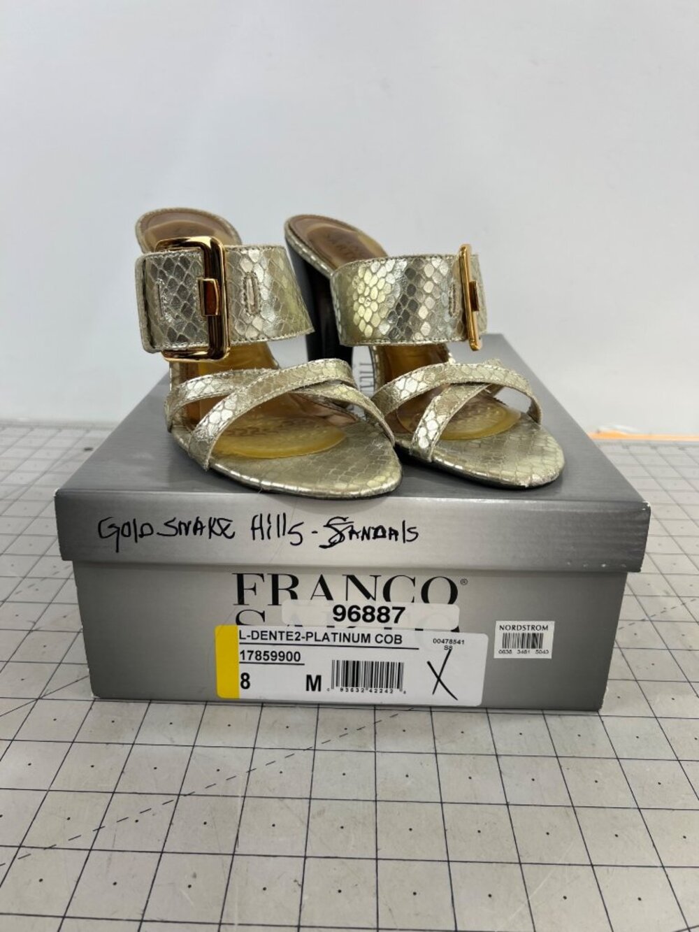 Franco Sarto Gold Snake Print Heeled Sandals Women's Sz. 8 L-Dente2 Platinum COB
